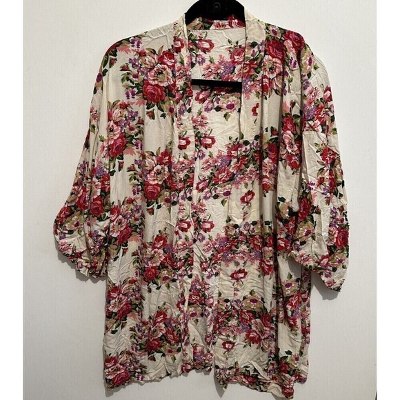 WOMENS Cream Pink Rose Floral Kimono Open Front Cardigan Topper Boho Hippie - Picture 1 of 10